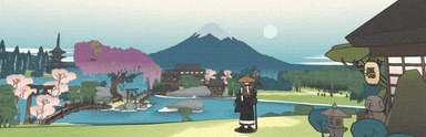The Monk - traveling poet protagonist standing in a scenic Japanese landscape from OKU